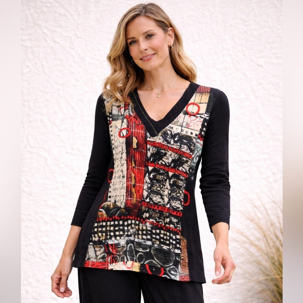 Dolcezza Simply Art Top Size L Abstract Print V Neck Tunic Shirt Art To Wear